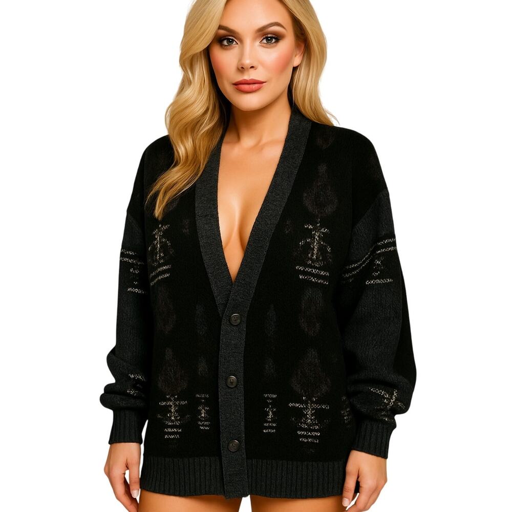 Vintage Expressions Cardigan Sweater Unisex XL Black Gray Knit Acrylic Oversized